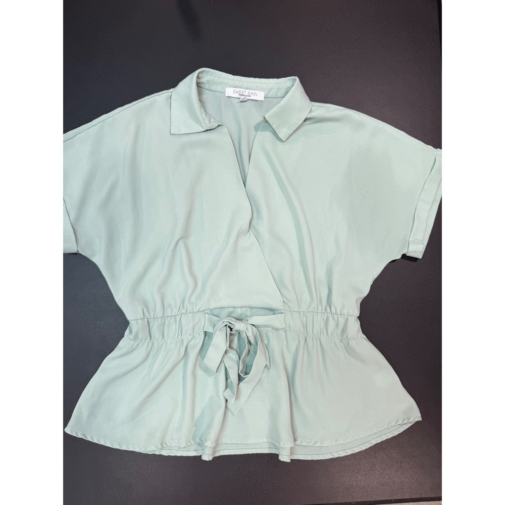Sweet Rain Sage Green Wrap Peplum Blouse Short Sleeve T98832 Womens Medium